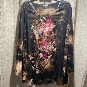 Brown quarter flare  sleeve blouse with pink flowers and gems